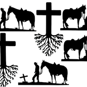 COWBOY /Cowboy&#39;s Walking, Kneeling at Rugged CROSS with HORSE Silhouette Die Cut/ Cuts
