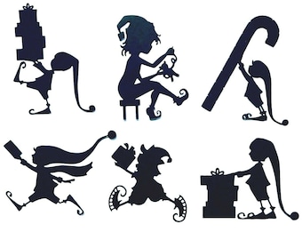 May include: Silhouettes of six elves in various poses, some carrying gifts, others holding candy canes, and one sitting on a stool. The elves are all wearing pointy hats and have long, pointed ears.