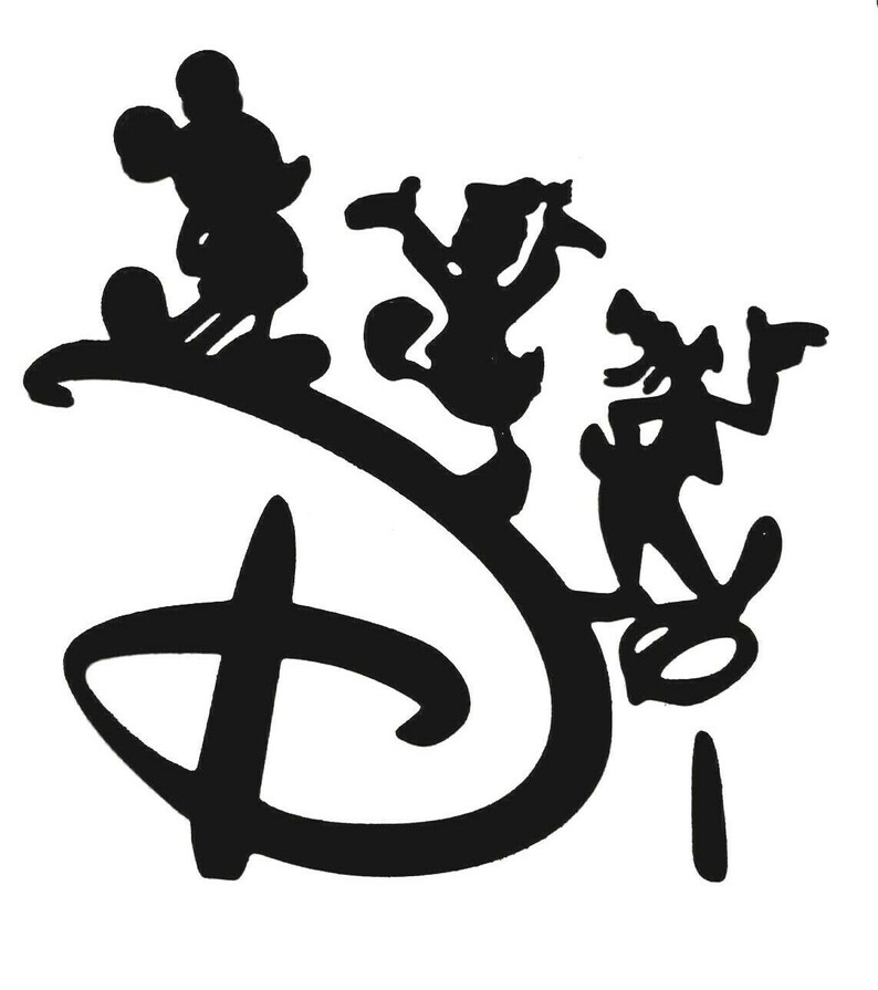 May include: Black and white silhouette of Mickey Mouse, Donald Duck, and Goofy standing on top of a stylized Disney "D" logo.