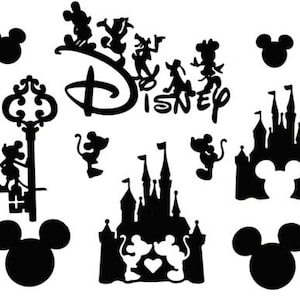 May include: Black and white silhouette design featuring Mickey Mouse, Minnie Mouse, and other Disney characters, including a castle, a key, and the word "Disney".