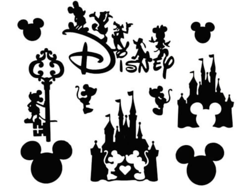May include: Black and white silhouette design featuring Mickey Mouse, Minnie Mouse, and other Disney characters, including a castle, a key, and the word "Disney".