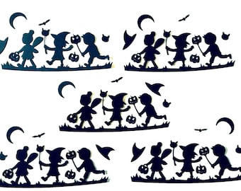 CHILDREN TRICK or TREATING Under Moon Dressed in Halloween Costumes Silhouette die cut/ /cuts
