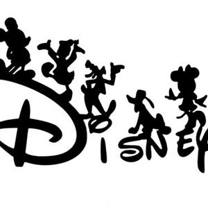 May include: Black and white silhouette of Mickey Mouse, Donald Duck, Goofy, Pluto, and Minnie Mouse standing on top of the Disney logo.