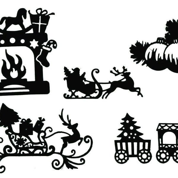 CHRISTMAS! Fireplace, SANTA, REINDEER, Train, Train car, Bulbs Silhouette Die Cut/ Cuts, Intricate Clipart