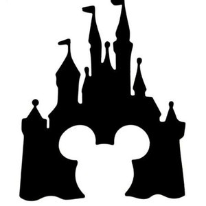 May include: Black silhouette of a castle with Mickey Mouse ears in the center.