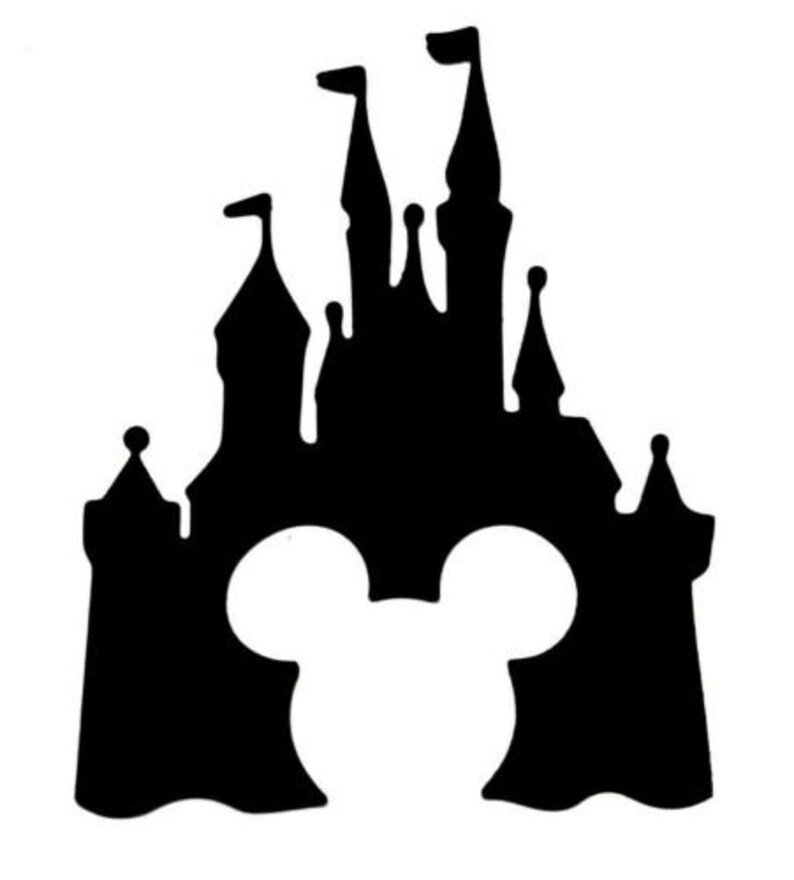May include: Black silhouette of a castle with Mickey Mouse ears in the center.