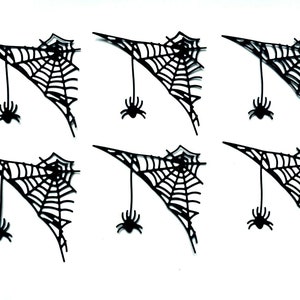 May include: Six black paper cutouts of spiderwebs with a spider hanging from each web. The webs are in a corner shape and are designed to be used as decorations.