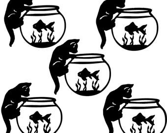 CAT on FISH BOWL Looking Down at Goldfish Silhouette Die Cut/ Cuts "Dinner Time!" Clipart