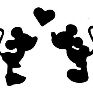 May include: Black silhouette of two mice facing each other with a heart above them. The mice are in a romantic pose, with one mouse holding a heart in its paw.