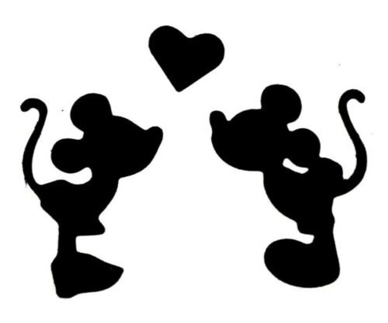 May include: Black silhouette of two mice facing each other with a heart above them. The mice are in a romantic pose, with one mouse holding a heart in its paw.