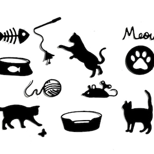 May include: Black and white silhouette illustrations of cat-themed items, including a cat, a fishbone, a bowl of food, a ball of yarn, a mouse, a cat bed, and a paw print. The text "Meow" is also included.