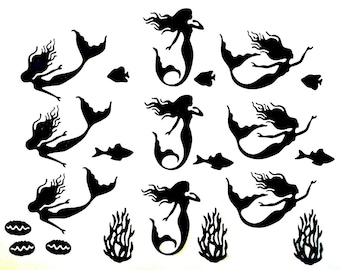 MERMAID/ MERMAIDS with Embossed Tails & Hair playing W/ sea friends silhouette die cut/ cuts FISH, clams, seaweed, 21 Pieces of Clipart