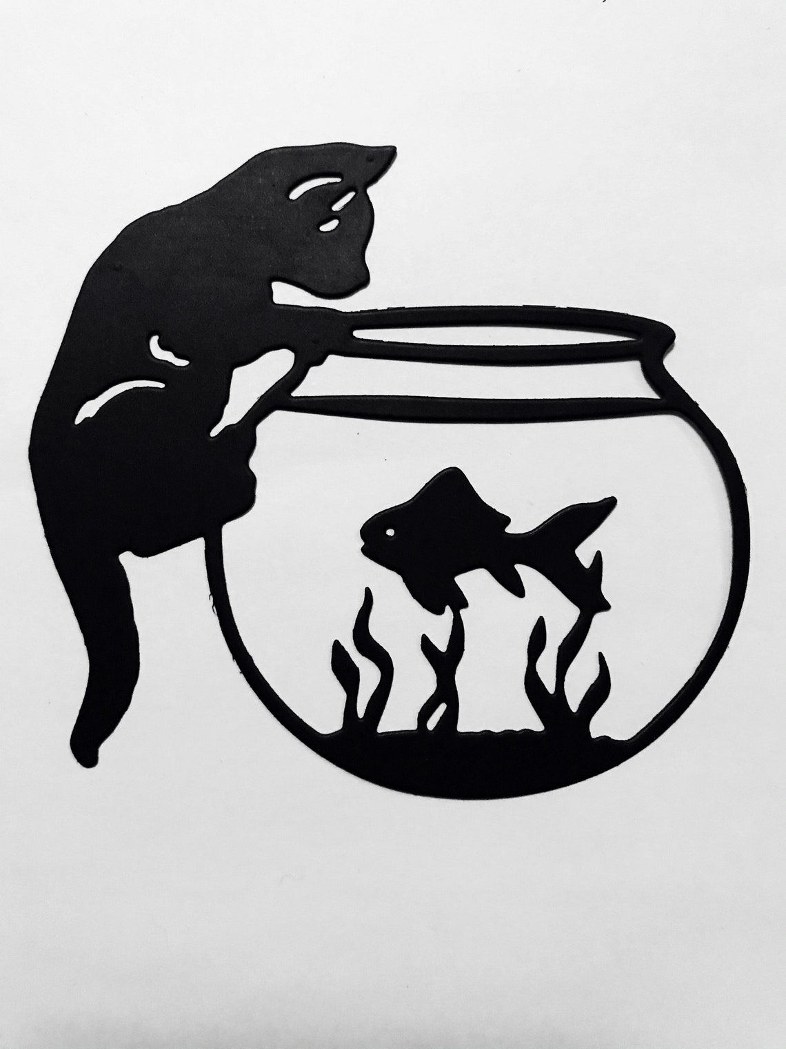 CAT on FISH BOWL Looking Down at Goldfish Silhouette Die Cut/ Etsy