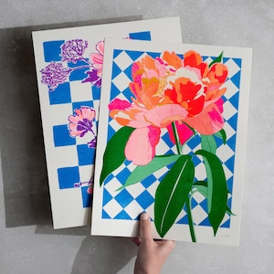 Electric Peony Risograph Print: Pink & Orange Floral Illustration, Limited Edition
