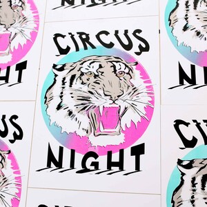 Circus Night Tiger Print Risograph Print Circus Poster Fluoro Pink Risography image 2