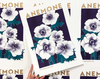 Anemone Flower Risograph Print - Anemone Print - Kitchen Poster - Flower Wall Art - Anemone Art - Illustration Wall Art - Riso Print