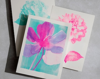 Drippy Flower Risograph Print: Pink, Mint, and Blue - Limited Edition