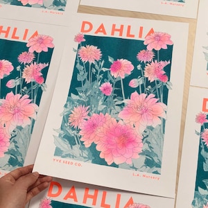 Stampa con illustrazione di fiori di dalia - Stampa Risograph - Stampa floreale - Poster floreale - Arte murale rosa - Stampe per camera da letto - Regalo di compleanno
