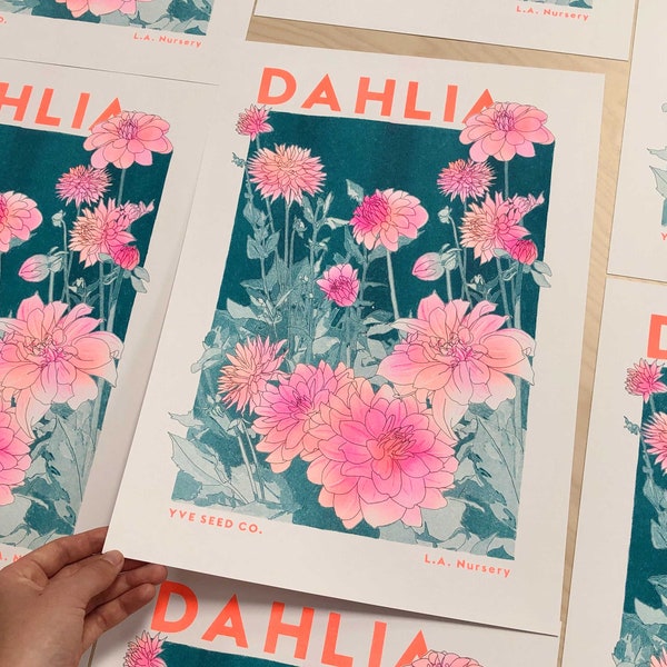 Dahlia Flower Illustration Print - Risograph Print - Floral Print - Flower Poster - Pink Wall Art - Bedroom Prints - Birthday Gift