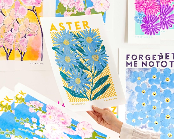 Aster Flower Risograph Print – Botanical Illustration, Cornflower Blue