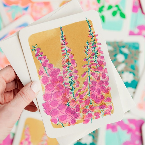Foxglove Flower Risograph Greetings Card - Botanical Riso Card