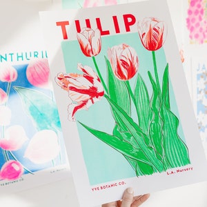 Impression de tulipes - Impression d'illustration de fleurs de tulipes - Impression risographie - Impression florale - Art rouge et vert - Impression de fleurs - Impression de cuisine