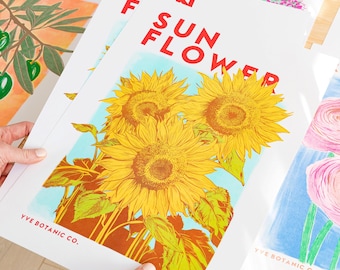 Impresión risográfica de girasol: arte mural floral amarillo