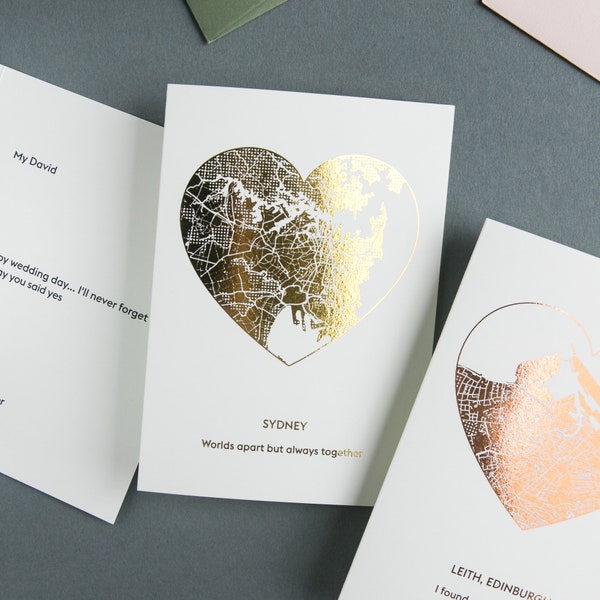 Custom Foil Heart Map Anniversary Card | Personalised Greetings Card, Engagement, 1st Anniversary, New Home Card | Any Location Map Card