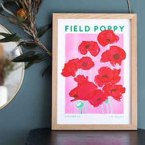 Field Poppy Flower Illustration Print - Risograph Print - Poppies Wildflower Print - Floral Print - Flower Wall Art - Kitchen Print