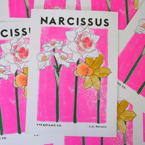 Narcissus Print - Daffodil Flower Print - Risograph Print - Neon Pink Print - Pink Wall Art - Flower Art - Kitchen Print