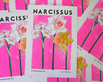 Narcissus Print - Daffodil Flower Print - Risograph Print - Neon Pink Print - Pink Wall Art - Flower Art - Kitchen Print