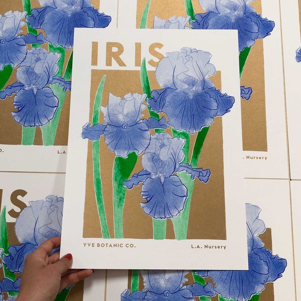 Iris Flower Illustration Print - Risograph Print - Iris Print - Flower Poster - Affiche Iris - Riso Print