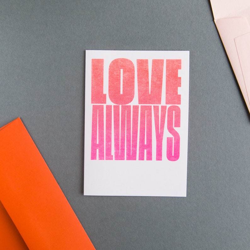 Love Always Fluorescent Orange and Pink Riso Card Riso Stationery Valentine's Day Card Blank Card image 5