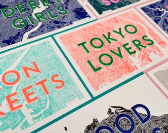 Custom Riso Typography Travel Map Print with Text - Housewarming Print | Riso Art
