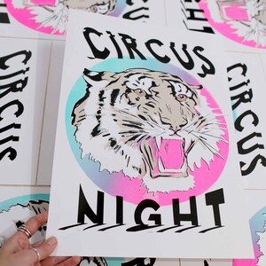 Circus Night Tiger Print Risograph Print Circus Poster Fluoro Pink Risography image 4