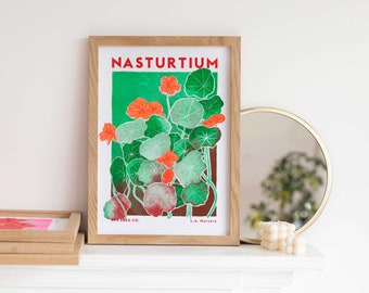 Nasturtium Flower Illustration Print - Risograph Print - Floral Print - Flower Wall Art - Flower Prints - Kitchen Print - Riso Print