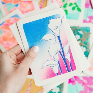 Lily Risograph Card - Calla Lily Illustration Pink and Blue Riso Card
