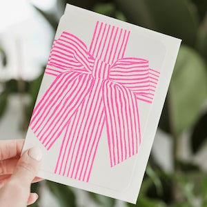 Carte risographe avec noeud rose - Noeud illustré rose fluo - nouveau-né - Riso Card