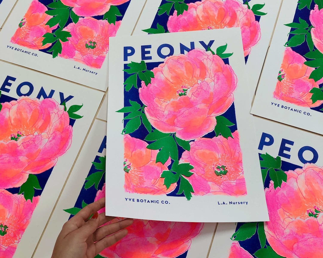 Peony Print - Peonies Flower Illustration Print - Risograph Print - Floral Print - Pink Wall Art - Flower Prints - Kitchen Prints