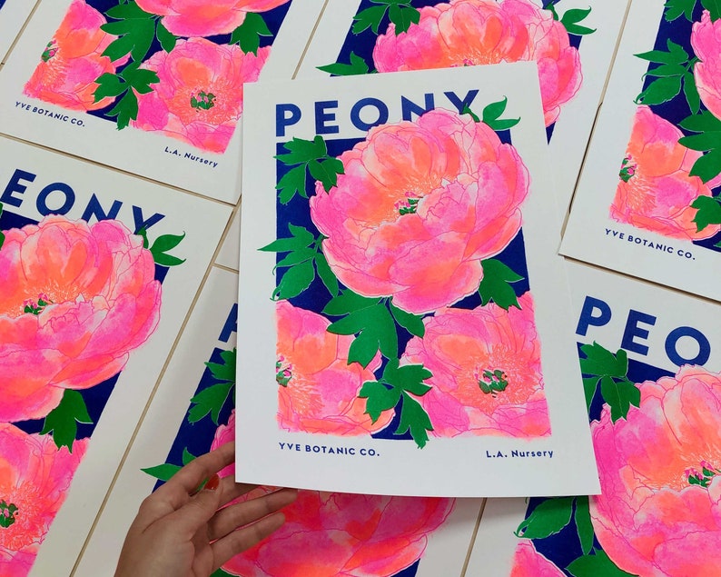 Peony Print Peonies Flower Illustration Print Risograph Print Floral Print Pink Wall Art Flower Print Kitchen Print image 1