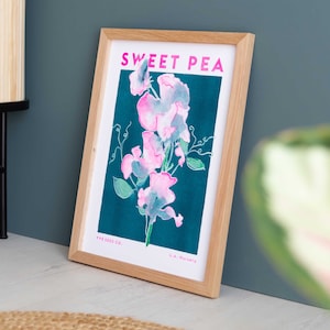 Sweet Pea Blumen Illustration Druck - Risograph Druck - Blumendruck - Blumen Poster - Rosa Wandkunst - Blumendruck - Botanisches Kunstwerk