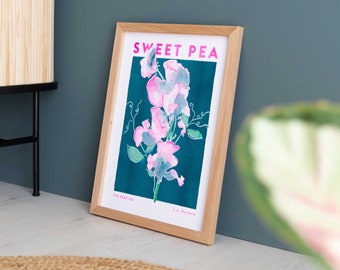 Sweet Pea Flower Illustration Print - Risograph Print - Floral Print - Flower Poster - Pink Wall Art - Flower Print - Botanical Artwork