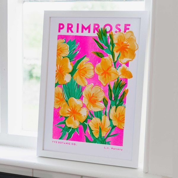 Impresión Risograph Primrose: Ilustración floral en rosa fluorescente y amarillo