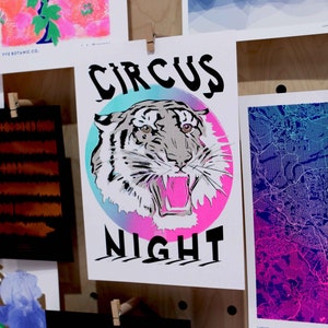 Circus Night Tiger Print Risograph Print Circus Poster Fluoro Pink Risography image 1