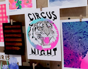Circus Night Tiger Print - Risograph Print - Circus Poster - Fluoro Pink - Risography