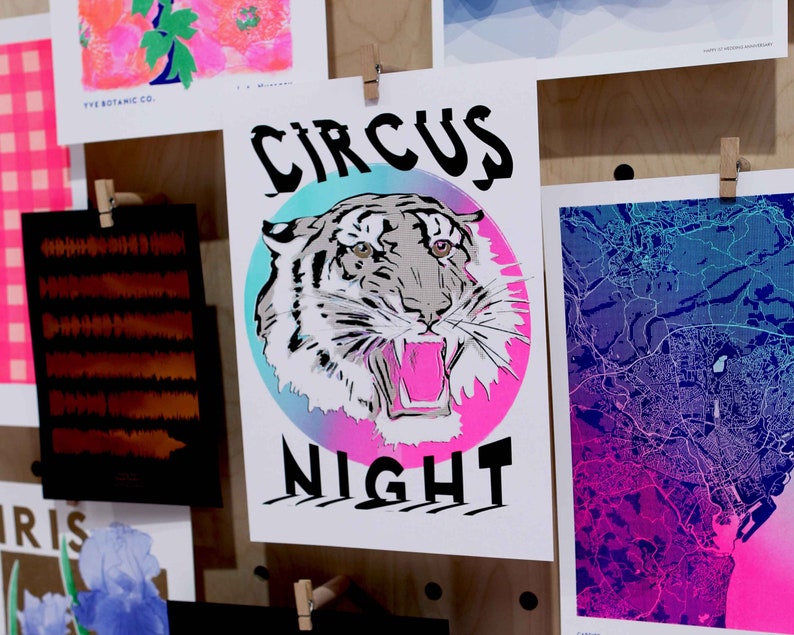 Circus Night Tiger Print Risograph Print Circus Poster Fluoro Pink Risography image 1