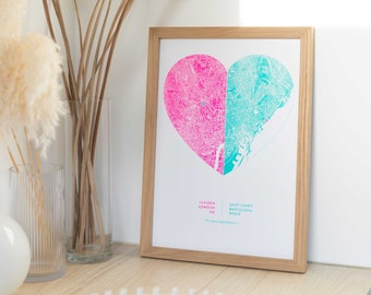 Risograph Two Location Heart Map Print | Two Map Print |  Anniversary Gift | Couples Gift | A3 Riso Art