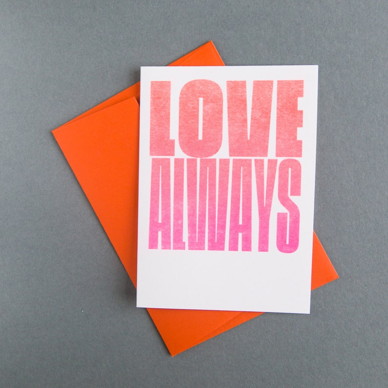 Love Always Fluorescent Orange and Pink Riso Card Riso Stationery Valentine's Day Card Blank Card image 3