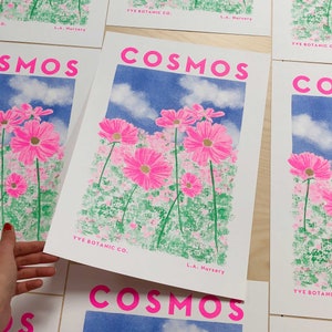 Cosmos Flower Illustration Print - Risograph Print - Floral Print - Flower Poster - Pink Wall Art - Flower Prints - Pink Wall Art