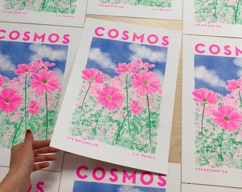 Cosmos Flower Illustration Print - Risograph Print - Floral Print - Flower Poster - Pink Wall Art - Flower Prints - Pink Wall Art